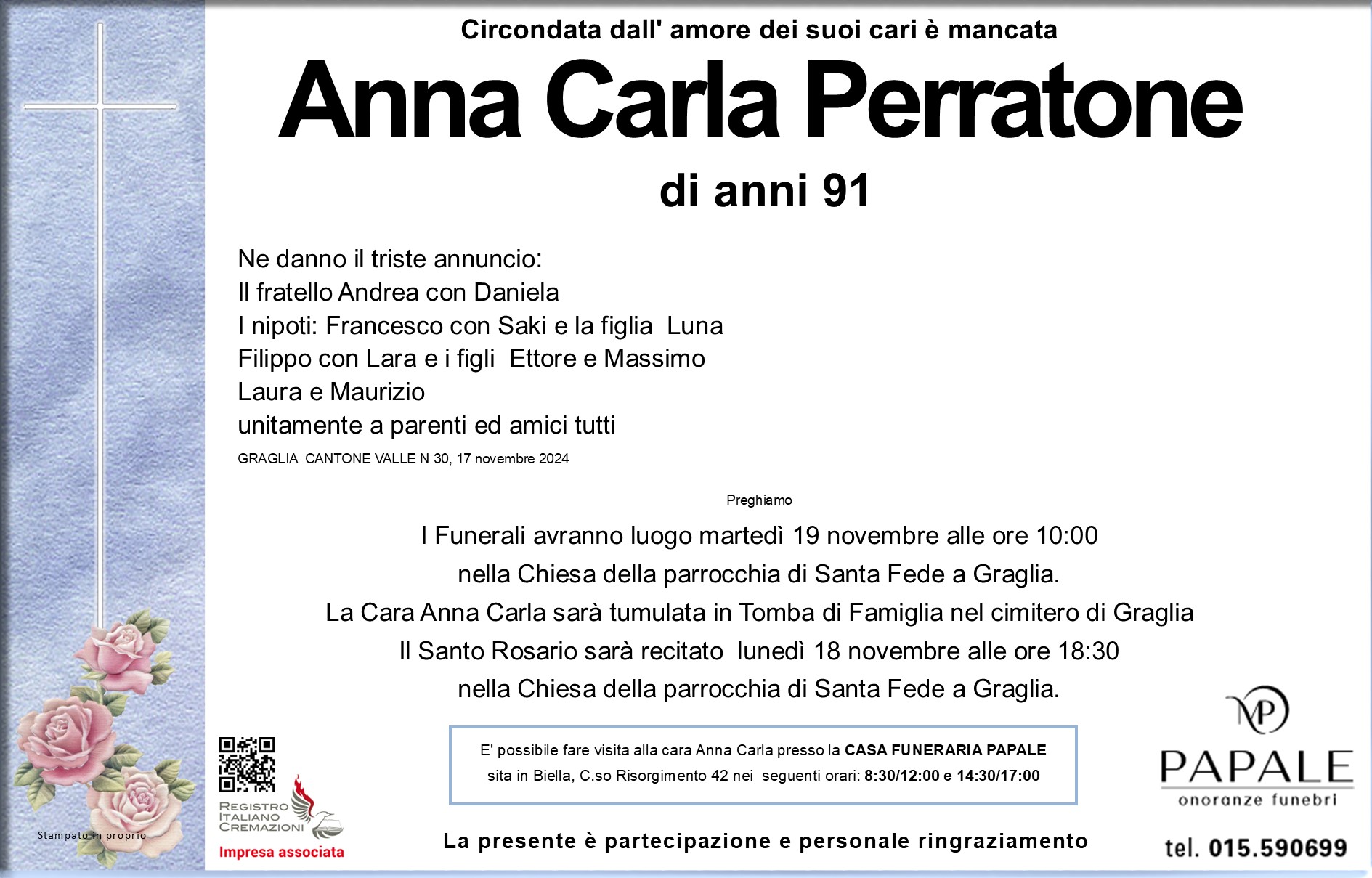 Onoranze Funebri Papale - Necrologi - Necrologio di Anna Carla Perratone